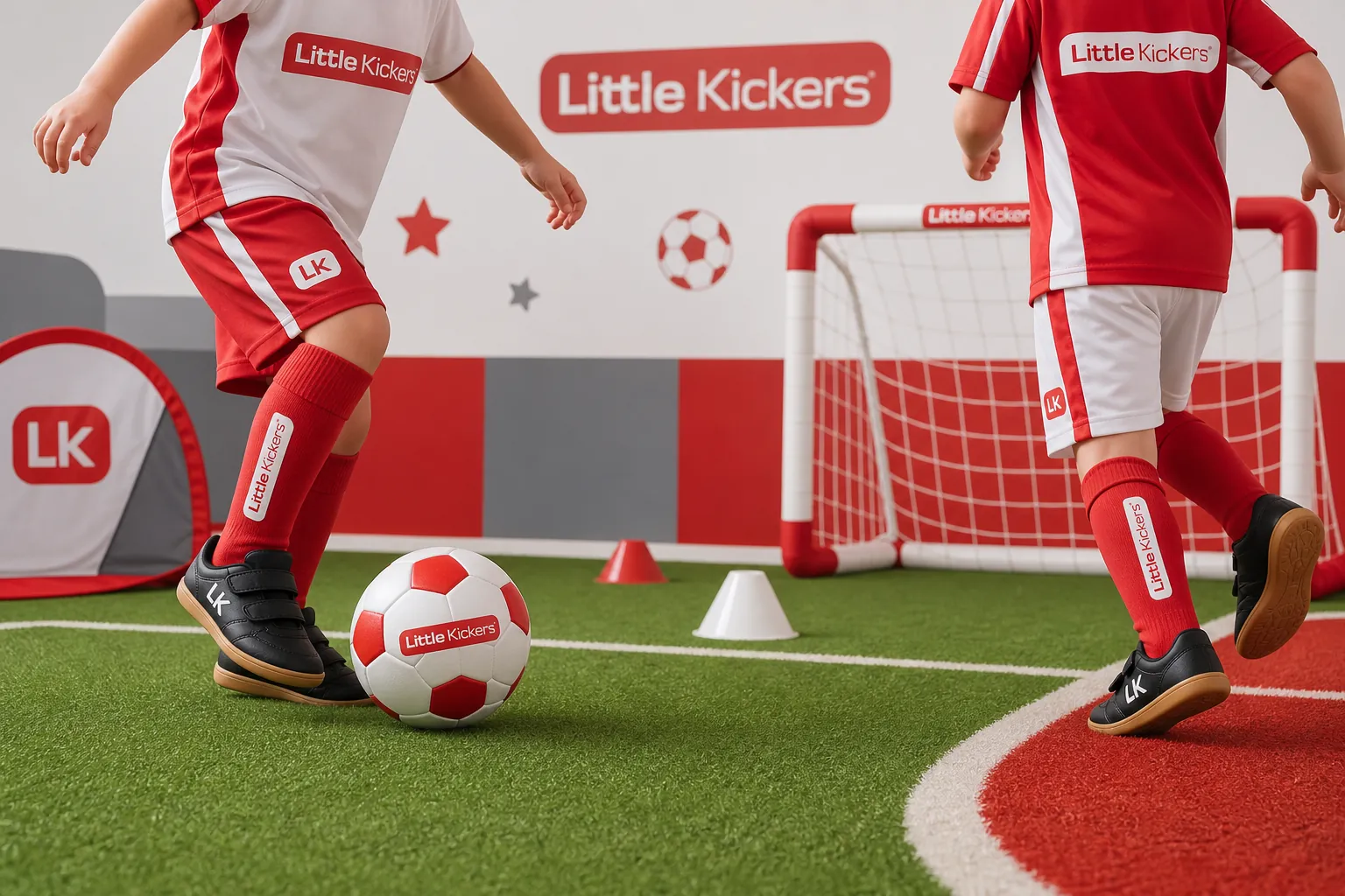 Crianças em aula de futebol da Little Kickers